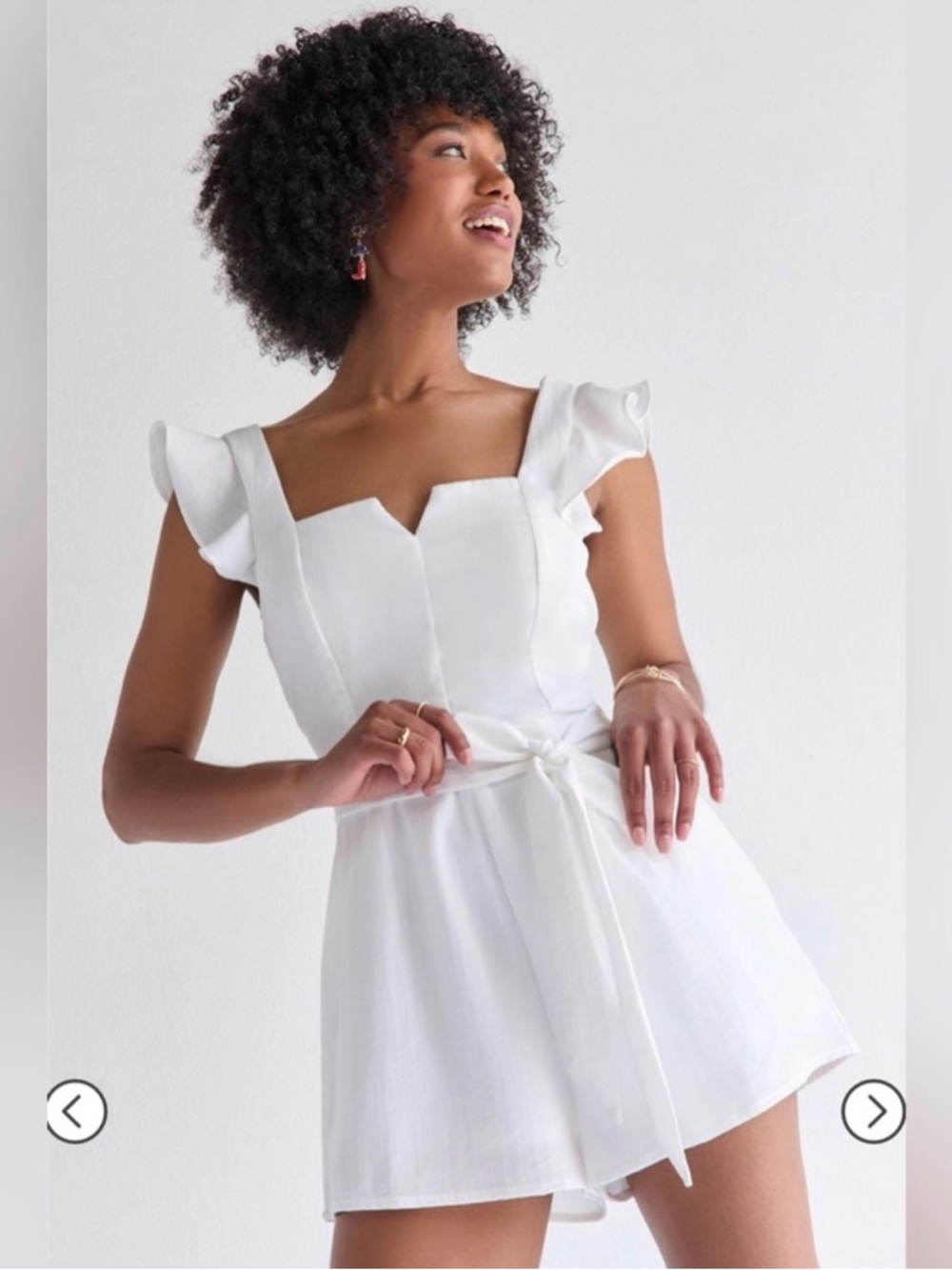 Francesca's Collections White Ruffle-Shoulder Romper